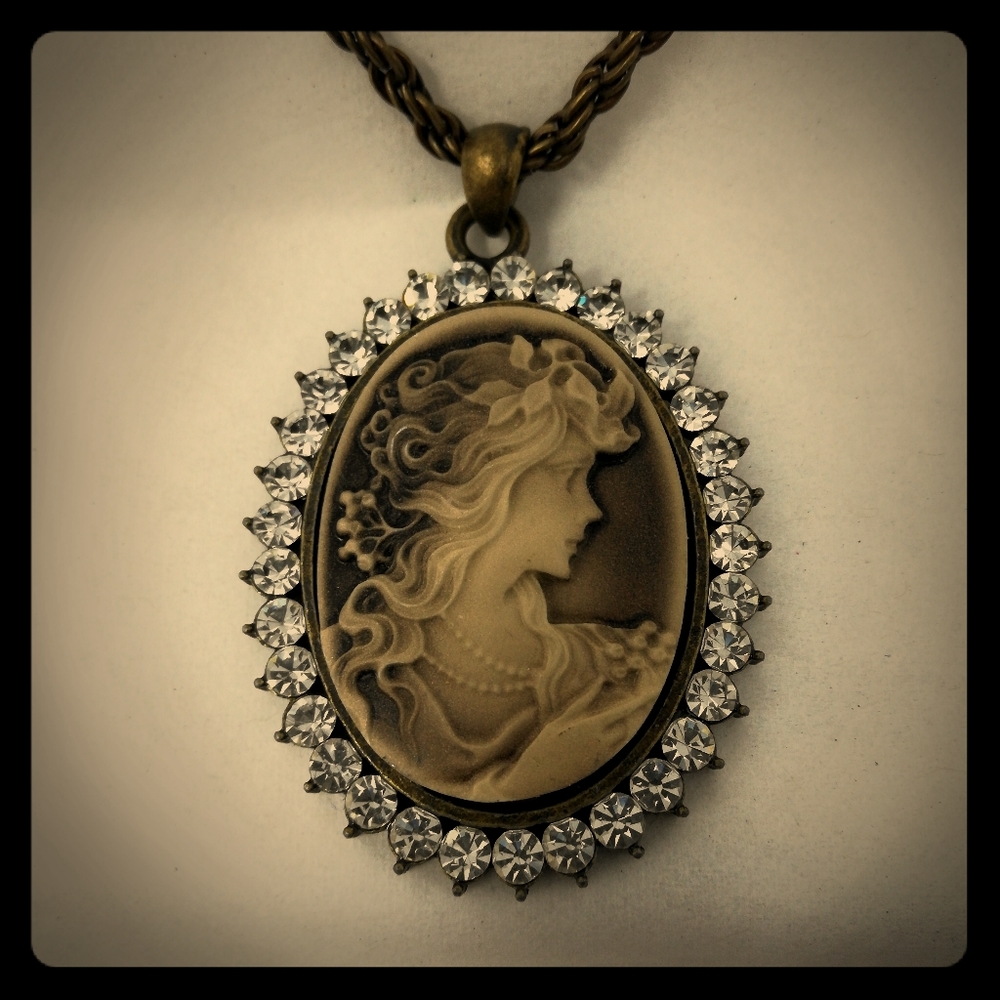 Frosted Victorian Lady Cameo Brooch 26" Necklace